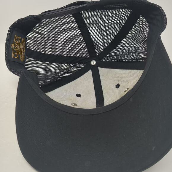 Yupoong Trucker Hat Black Brown Leather Patch Broken Bowl Catering OS Snapback - Picture 7 of 10